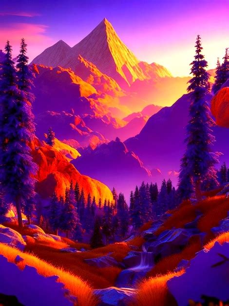 Premium AI Image | MOUNTAIN AND FOREST VIEW WITH A GOLDEN PURPLE SUNSET