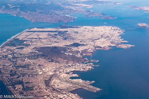 Aerial view of San Francisco Bay Area from cruising altitude, on the ...