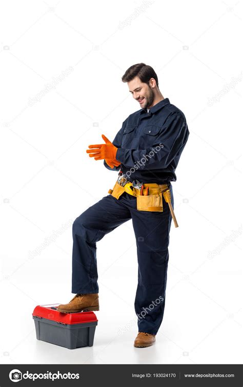 Smiling Plumber Uniform Wearing Protective Gloves Isolated White ...