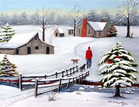 Folk Art Foot Bridge Snow Original Country Winter Barn Scene Prints ...