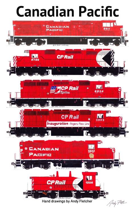 5 Canadian Pacific locomotives in the red paint scheme. Hand drawings by Andy Fletcher ...
