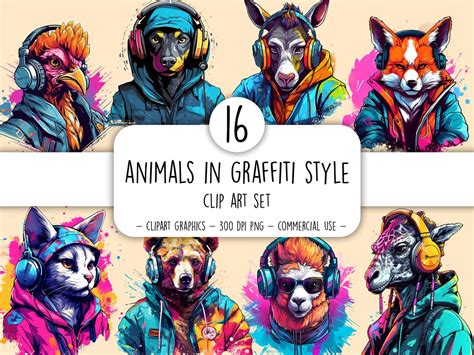 Animals in Graffiti Style Clip Art Set Digital Printable 80s - Etsy