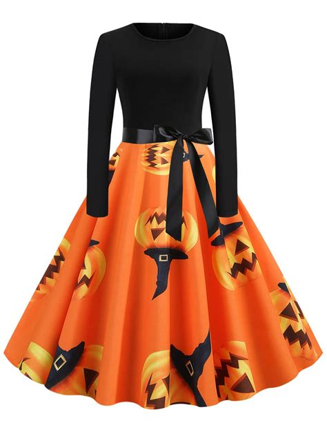 [53% OFF] 2021 Retro Pumpkin Printed Halloween Dress In PUMPKIN ORANGE | DressLily