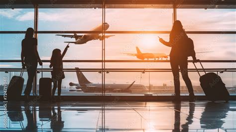 A heartwarming scene of a family and their child at the airport, pointing at departing planes ...