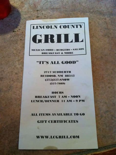 Menu at Lincoln County Grill restaurant, Ruidoso