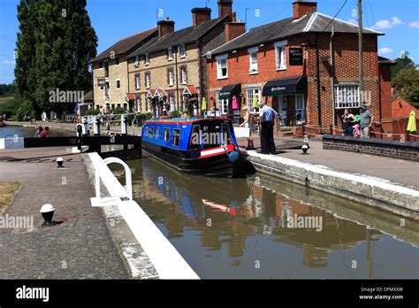 Narrowboats on the Grand Union Canal, Stoke Bruerne national canal museum, Northamptonshire ...