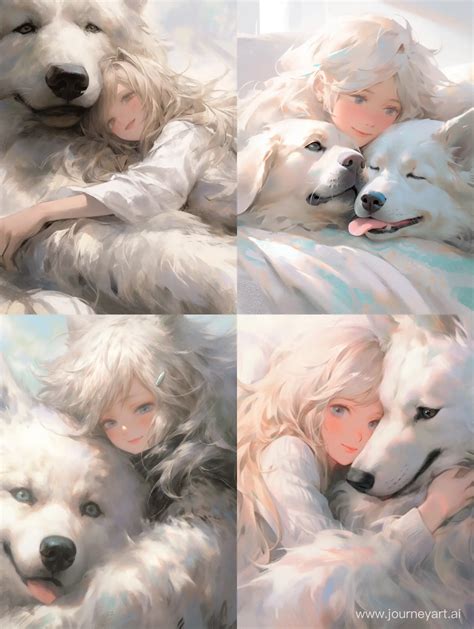 Adorable Blonde Girl Cuddling with White Husky in Pixiv Anime Art Style | JourneyArt