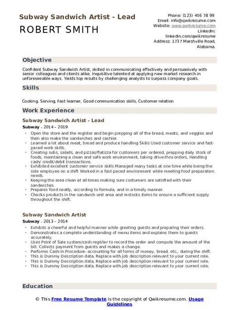 Subway Sandwich Artist Resume Samples | QwikResume