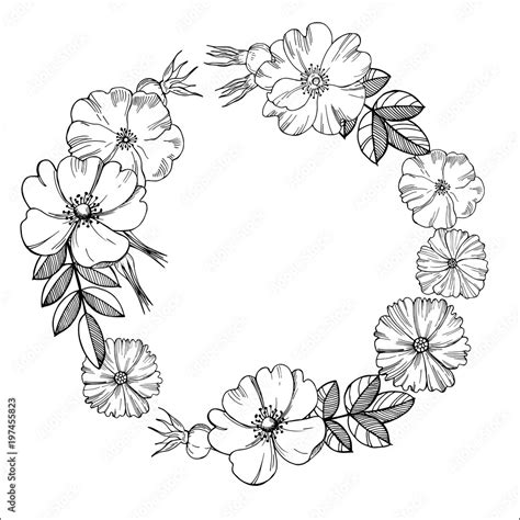 Floral wreath. Black-and-white drawing of flowers.Vector illustration ...