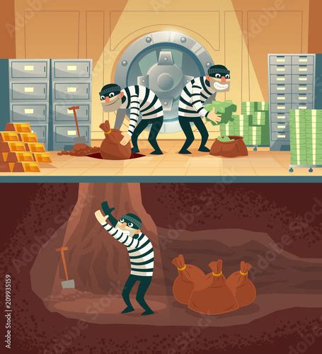 Vector cartoon illustration of bank robbery in safety vault. Three thieves stealing gold, cash ...