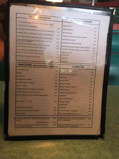 Menu at Times Square Diner restaurant, Toronto