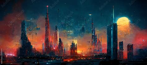 Spectacular nighttime in cyberpunk city of the futuristic fantasy world ...