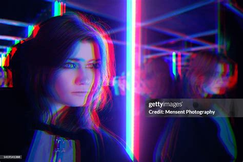 Double Exposure Portrait In Bizarre Young Woman In Neon Light Mirror Maze High-Res Stock Photo ...