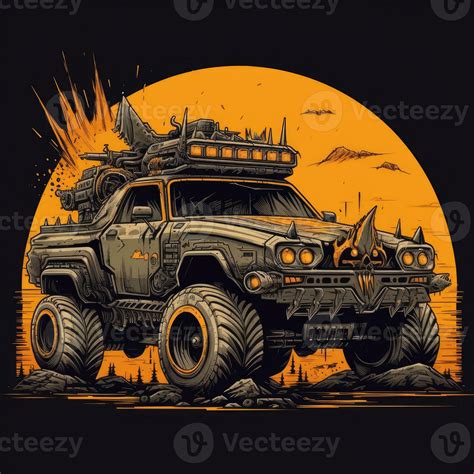 mad max car mosnter truck tshirt design mockup printable cover tattoo isolated vector ...