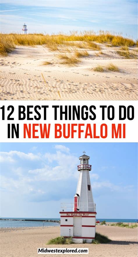 White lighthouse with red roof and white sandy beach of New Buffalo. Lake Michigan Vacation ...