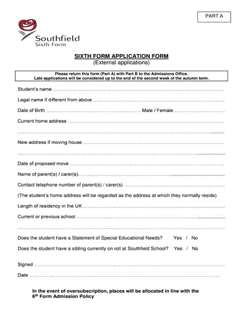 Fillable Online southfieldsch co SIXTH FORM APPLICATION FORM (External ...