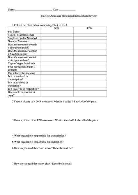 Nucleic Acids And Protein Synthesis Exam Review printable pdf download