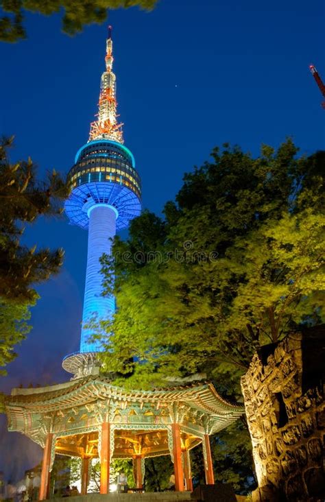 Namsan Tower or Seoul Tower at Night Scene Stock Photo - Image of ...