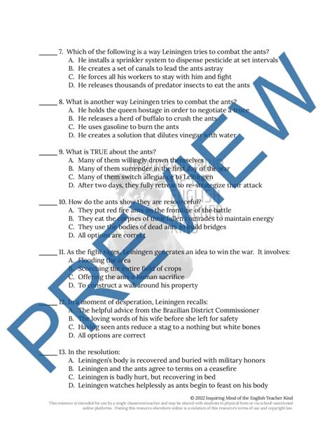 "Leiningen Versus the Ants" by Carl Stephenson Quiz and Answer Key | Made By Teachers