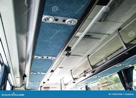 Interior of a modern bus stock photo. Image of billboard - 143531946