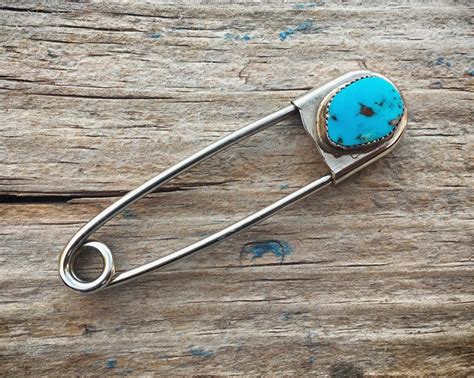 Sterling Silver Safety Pin Turquoise Brooch Pin for Woman, Vintage Native American Indian Jewelry