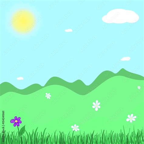 Vector cartoon drawing of a spring green landscape, square background ...