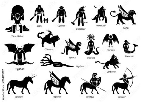 Ancient Greek Mythology Monsters and Creatures Characters Icon Set ...