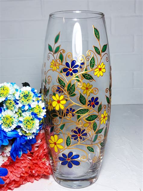 Big Glass Vase Hand-painted Blue and Yellow Flowers, Personalized ...