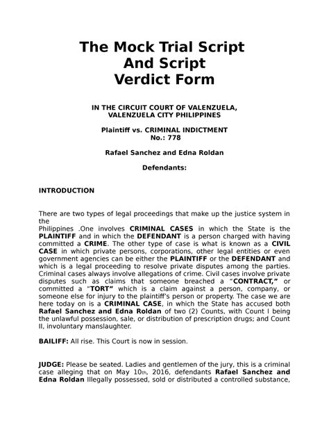 The Mock Trial Script And Script Verdict - The Mock Trial Script And Script Verdict Form IN THE ...