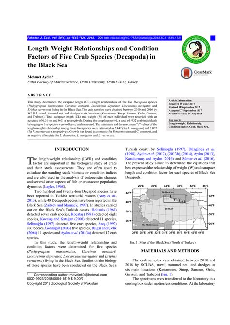 (PDF) Length-Weight Relationships and Condition Factors of Five Crab Species (Decapoda) in the ...