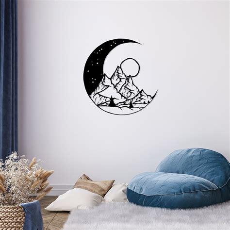 Moon and Mountains Metal Wall Art, Minimalist Line Art, Metal Wall Decor, Metal Wall Art, Wall ...