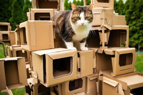 Premium AI Image | Cardboard box maze with cat hiding in one of the compartments