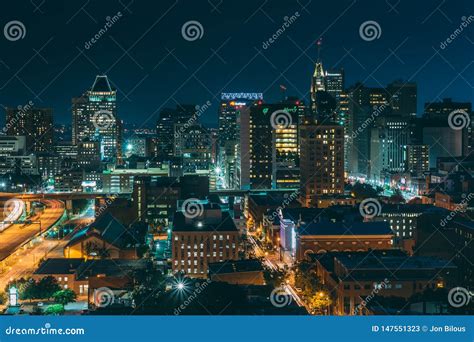 View of the Downtown Baltimore Skyline at Night, in Baltimore, Maryland ...