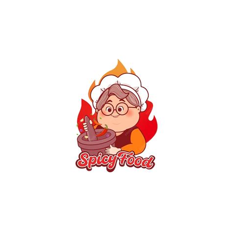 Premium Vector | Spicy sambal logo with grandma chef cooking with cobek traditional mortar ...