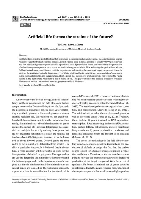 (PDF) Artificial life forms: The strains of the future?