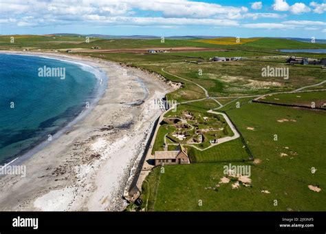 Aerial view of Skara Brae Neolithic settlement, Bay of Skaill, Orkney West Mainland, Orkney ...