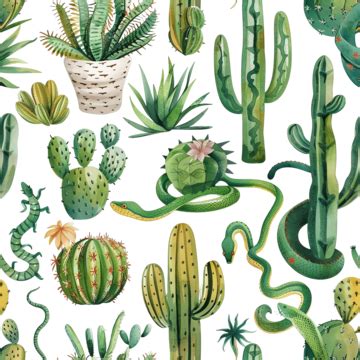 Seamless Pattern With Cacti Snakes Desert Plants, Cacti, Desert, Garden PNG Transparent Image ...