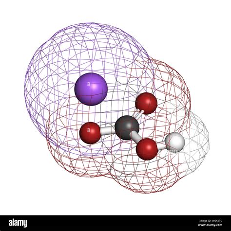 Sodium bicarbonate (baking soda), chemical structure. 3D rendering. Atoms are represented as ...