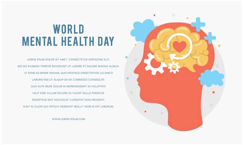 World Mental Health Day Poster Template. Silhouette of a man's head with brain, gear, love ...