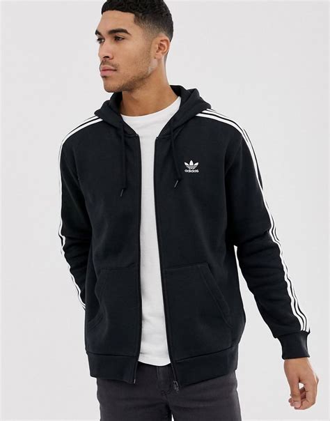 Adidas Originals Zip Hoodie With Small Trefoil Logo In Black - Black ...