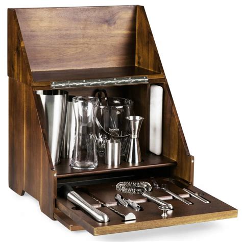 James Modern Classic Acacia Wood Cocktail Bar Set Box | Kathy Kuo Home