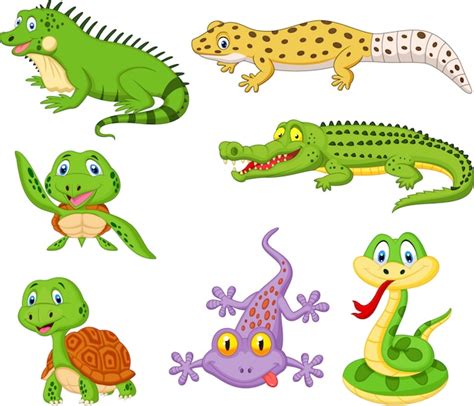 Conjunto de dibujos animados de reptiles y anfibios. | Vector Premium