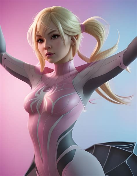 Spider-Gwen, blonde hair with pink detail, wearing pink bodysuit Pixar, Disney, concept art, 3d ...