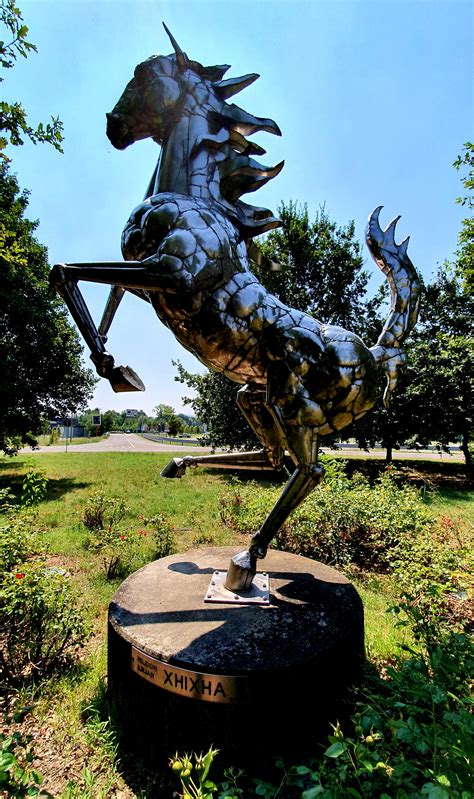 The prancing horse statue outside the Ferrari road car factory in Maranello earlier today ...