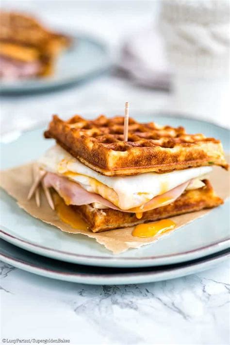 Parmesan waffle, ham, cheese and egg breakfast sandwich