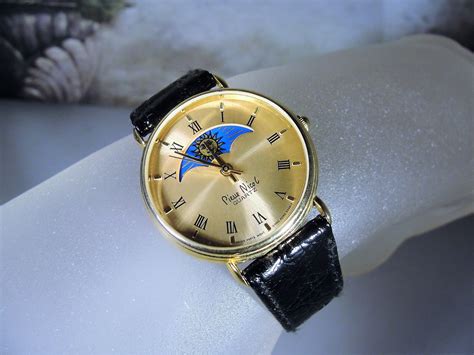 Unisex Wrist Watch, Vintage PIERRE NICOL Moon Phase Quartz Wrist Watch with Black Leather Band ...