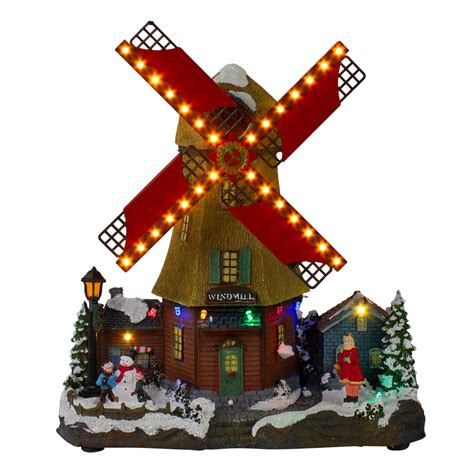 12" Brown LED Lighted & Animated Winter Windmill Village Scene with ...