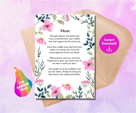 Printable Mothers Day Poem Floral Greeting Card for Mom - Etsy