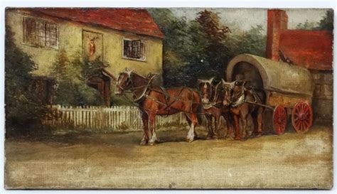 XIX English School, Oil on canvas, Horse drawn covered wagon outside a public house , 10 x 18''