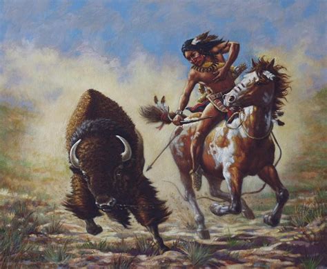 This painting represents a buffalo hunt or chase on horseback by a ...